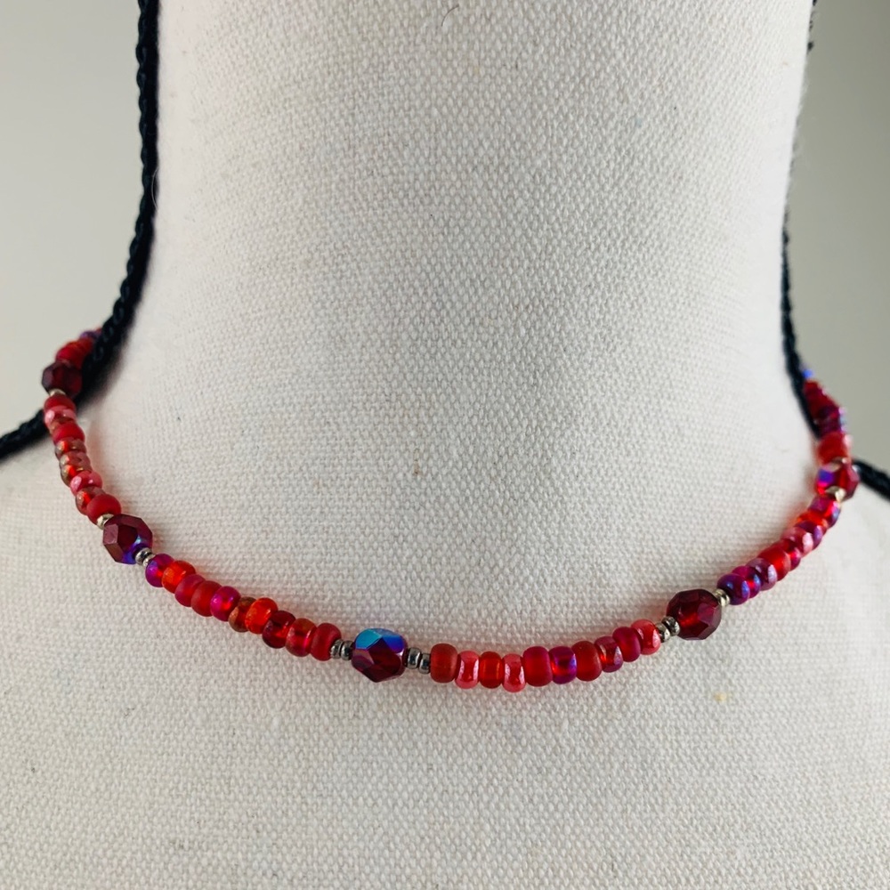 handmade ruby red beaded boho choker necklace